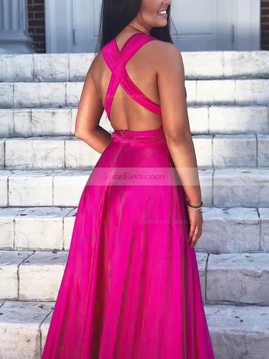 A-line V-neck Silk-like Satin Sweep Train Split Front Prom Dresses #Favs020108044