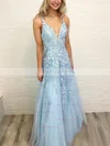 A-line V-neck Tulle Floor-length Appliques Lace Prom Dresses #Favs020108046