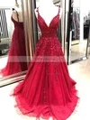 A-line V-neck Tulle Floor-length Appliques Lace Prom Dresses #Favs020108046