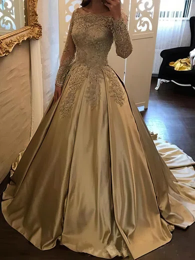 Ball Gown Off-the-shoulder Satin Sweep Train Appliques Lace Prom Dresses #Favs020108057