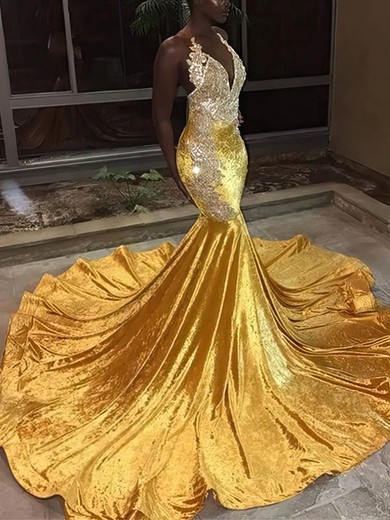 Trumpet/Mermaid V-neck Velvet Sweep Train Appliques Lace Prom Dresses #Favs020108058