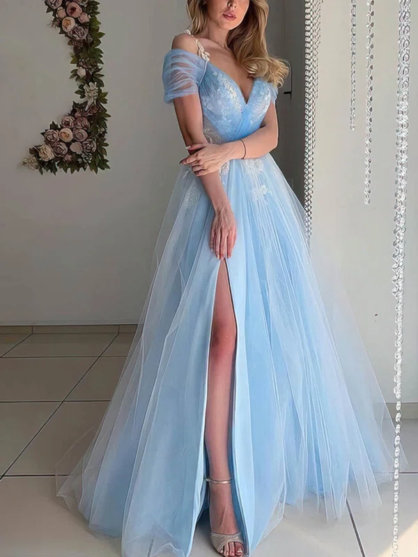 A-line V-neck Tulle Floor-length Appliques Lace Prom Dresses #Favs020108059