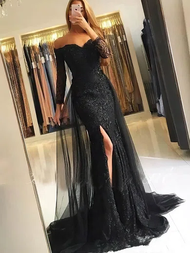Trumpet/Mermaid Off-the-shoulder Lace Tulle Detachable Appliques Lace Prom Dresses #Favs020108063