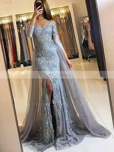 Trumpet/Mermaid Off-the-shoulder Lace Tulle Detachable Appliques Lace Prom Dresses #Favs020108063