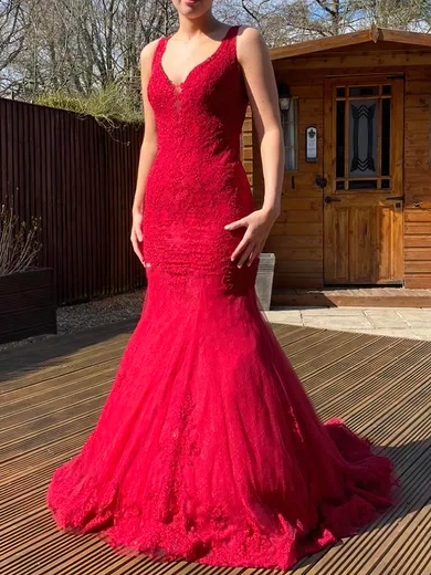 Trumpet/Mermaid V-neck Lace Tulle Sweep Train Appliques Lace Prom Dresses #Favs020108069