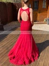 Trumpet/Mermaid V-neck Lace Tulle Sweep Train Appliques Lace Prom Dresses #Favs020108069