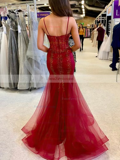 Trumpet/Mermaid V-neck Tulle Floor-length Beading Prom Dresses #Favs020108070