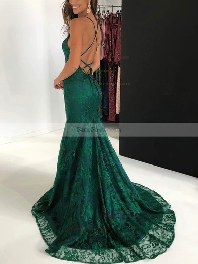 Trumpet/Mermaid V-neck Lace Sweep Train Prom Dresses #Favs020108073