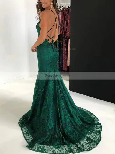 Trumpet/Mermaid V-neck Lace Sweep Train Prom Dresses #Favs020108073
