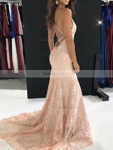 Trumpet/Mermaid V-neck Lace Sweep Train Prom Dresses #Favs020108073