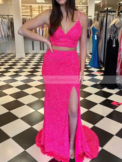 Trumpet/Mermaid V-neck Sequined Sweep Train Split Front Prom Dresses #Favs020108077