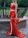 Trumpet/Mermaid V-neck Sequined Sweep Train Split Front Prom Dresses #Favs020108077
