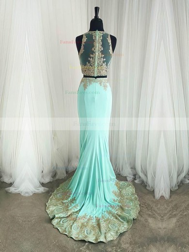 Trumpet/Mermaid Scoop Neck Silk-like Satin Sweep Train Appliques Lace Prom Dresses #Favs020105224