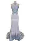 Trumpet/Mermaid Scoop Neck Silk-like Satin Sweep Train Appliques Lace Prom Dresses #Favs020105224