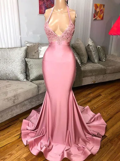 Trumpet/Mermaid V-neck Jersey Sweep Train Beading Prom Dresses #Favs020108082