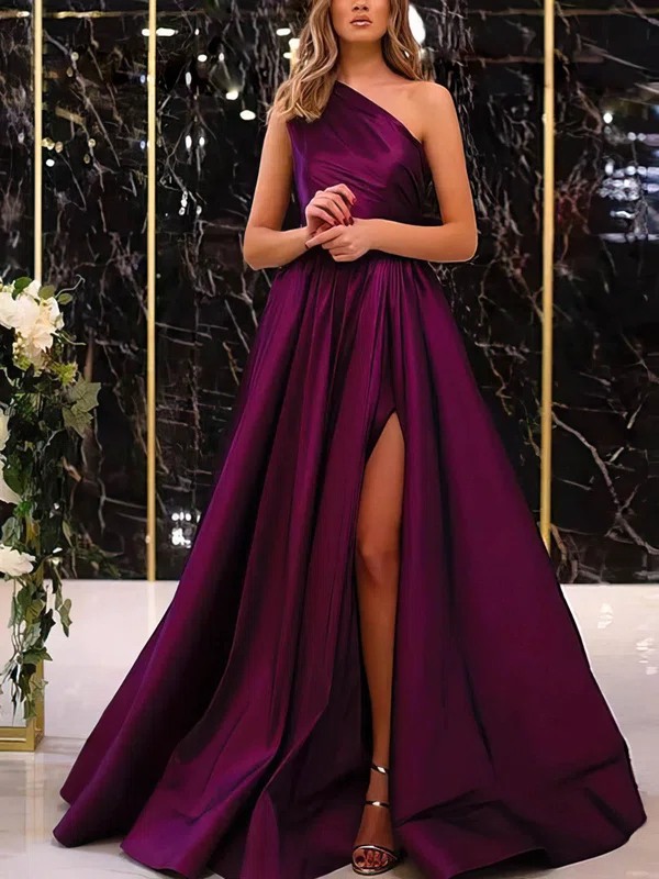 A-line One Shoulder Satin Sweep Train Ruffles Prom Dresses #Favs020108084