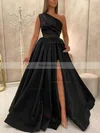A-line One Shoulder Satin Sweep Train Ruffles Prom Dresses #Favs020108084
