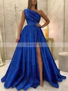 A-line One Shoulder Satin Sweep Train Ruffles Prom Dresses #Favs020108084