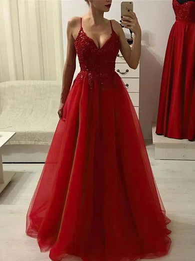 A-line V-neck Tulle Sweep Train Appliques Lace Prom Dresses #Favs020108085