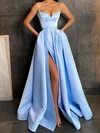 A-line V-neck Satin Sweep Train Pockets Prom Dresses #Favs020108088