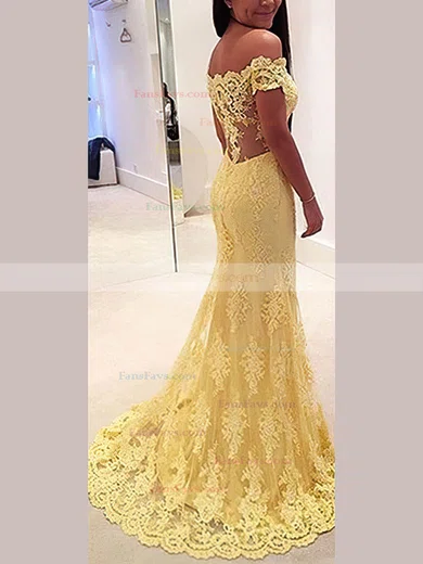 Trumpet/Mermaid Off-the-shoulder Lace Tulle Sweep Train Appliques Lace Prom Dresses #Favs020108089