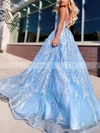 Ball Gown V-neck Lace Tulle Sweep Train Appliques Lace Prom Dresses #Favs020108093
