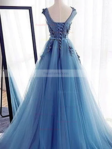 A-line Scoop Neck Tulle Sweep Train Appliques Lace Prom Dresses #Favs020108097