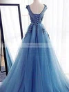 A-line Scoop Neck Tulle Sweep Train Appliques Lace Prom Dresses #Favs020108097