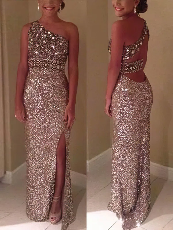 Sheath/Column One Shoulder Sequined Floor-length Split Front Prom Dresses #Favs020108100