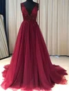 A-line V-neck Tulle Sweep Train Beading Prom Dresses #Favs020108109