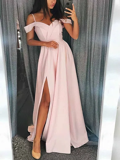 A-line Off-the-shoulder Silk-like Satin Sweep Train Split Front Prom Dresses #Favs020108115