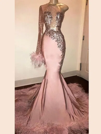 Trumpet/Mermaid One Shoulder Stretch Crepe Sweep Train Beading Prom Dresses #Favs020108119
