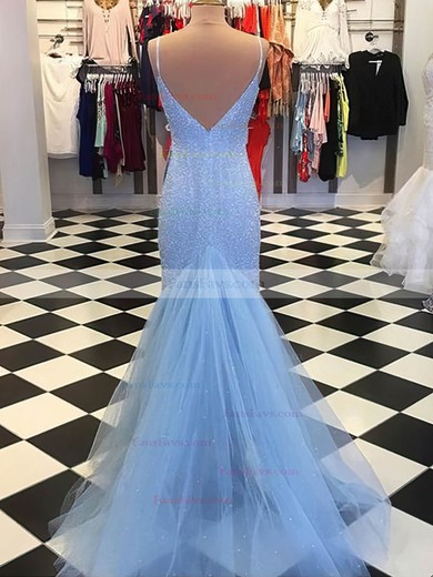 Trumpet/Mermaid V-neck Tulle Sweep Train Prom Dresses #Favs020108123