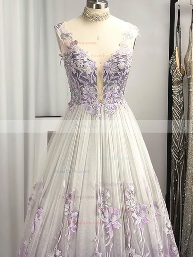 A-line V-neck Tulle Sweep Train Appliques Lace Prom Dresses #Favs020108124