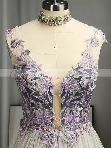 A-line V-neck Tulle Sweep Train Appliques Lace Prom Dresses #Favs020108124