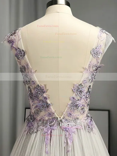 A-line V-neck Tulle Sweep Train Appliques Lace Prom Dresses #Favs020108124