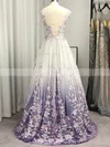 A-line V-neck Tulle Sweep Train Appliques Lace Prom Dresses #Favs020108124