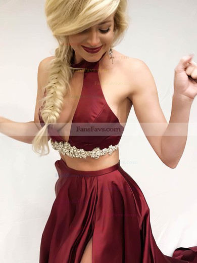 Princess Halter Satin Sweep Train Beading Prom Dresses #Favs020105237