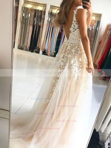 A-line V-neck Lace Tulle Sweep Train Beading Prom Dresses #Favs020108133