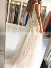 A-line V-neck Lace Tulle Sweep Train Beading Prom Dresses #Favs020108133