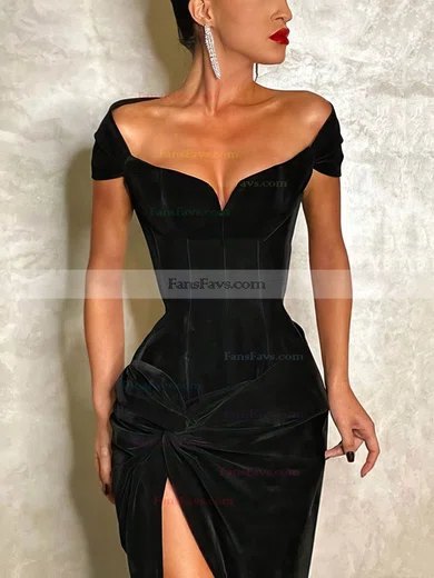 Sheath/Column Off-the-shoulder Velvet Sweep Train Split Front Prom Dresses #Favs020108136