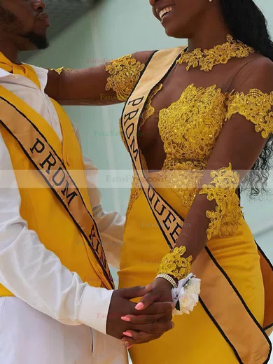 Trumpet/Mermaid High Neck Jersey Sweep Train Appliques Lace Prom Dresses #Favs020108140