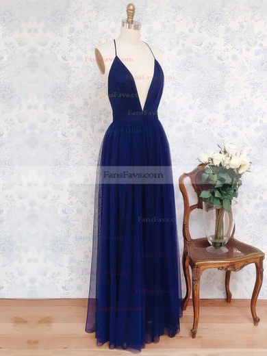 A-line V-neck Tulle Sweep Train Ruffles Prom Dresses #Favs020108141