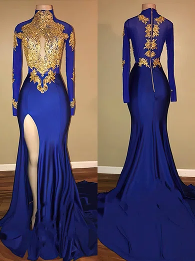 Trumpet/Mermaid High Neck Jersey Sweep Train Appliques Lace Prom Dresses #Favs020108145