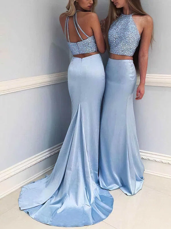 Trumpet/Mermaid Scoop Neck Silk-like Satin Sweep Train Beading Prom Dresses #Favs020108146