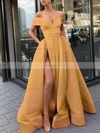 A-line Off-the-shoulder Satin Sweep Train Pockets Prom Dresses #Favs020108147