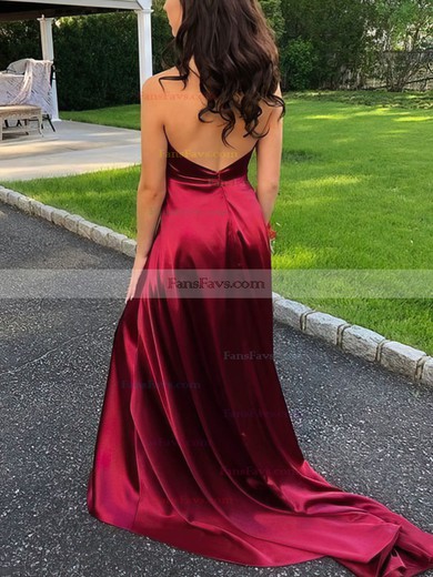 A-line Halter Silk-like Satin Sweep Train Split Front Prom Dresses #Favs020108151