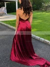 A-line Halter Silk-like Satin Sweep Train Split Front Prom Dresses #Favs020108151