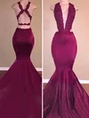 Trumpet/Mermaid V-neck Silk-like Satin Sweep Train Beading Prom Dresses #Favs020108152