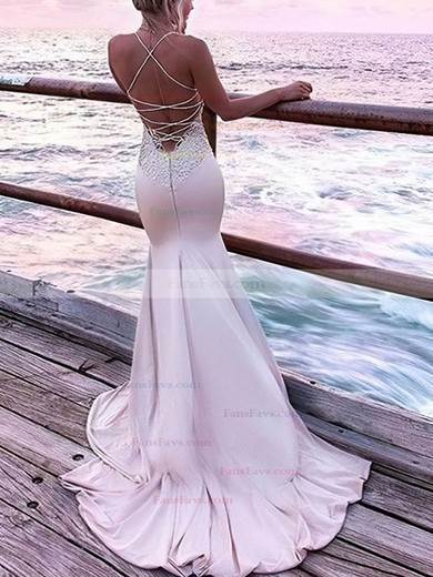 Trumpet/Mermaid V-neck Lace Silk-like Satin Sweep Train Appliques Lace Prom Dresses #Favs020108157